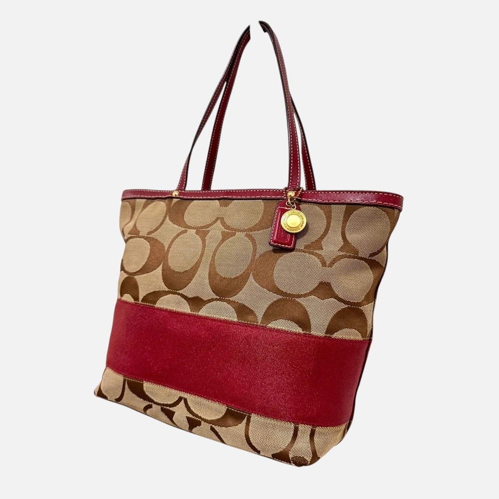 Coach Signature Stripe Tote Bag Canvas Burgundy Leather Y2K Vintage 10124 - Picture 4 of 8